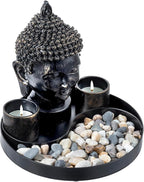 MyGift Black Resin Buddha Head Sculpture Zen Garden Miniature Landscape Set for Desk Decor, Includes 2 Tea Light Candle Holders, Decorative Pebble Rocks and Metal Yin Yang Shaped Design Display Tray