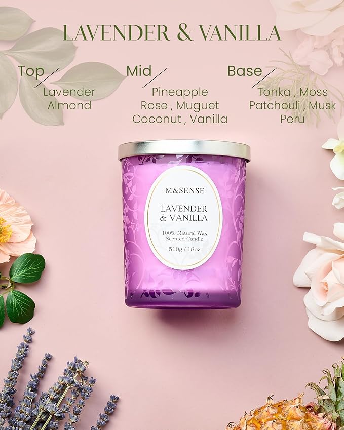M&SENSE Lavender Vanilla Scented Candle, Cracking Wooden Wick Soy Wax, 18oz 100 Hours Long Lasting Clean Burn, Large Jar Candles for Home Decor, Non-Toxic Relaxing Aromatherapy Gifts for Women
