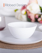 20 OZ Max White Opal Glass Cereal Bowl Set of 6, 6 inch Dishwasher & Microwave Safe Round Ribbed Bowls for Kitchen, Salad, Soup and Rice