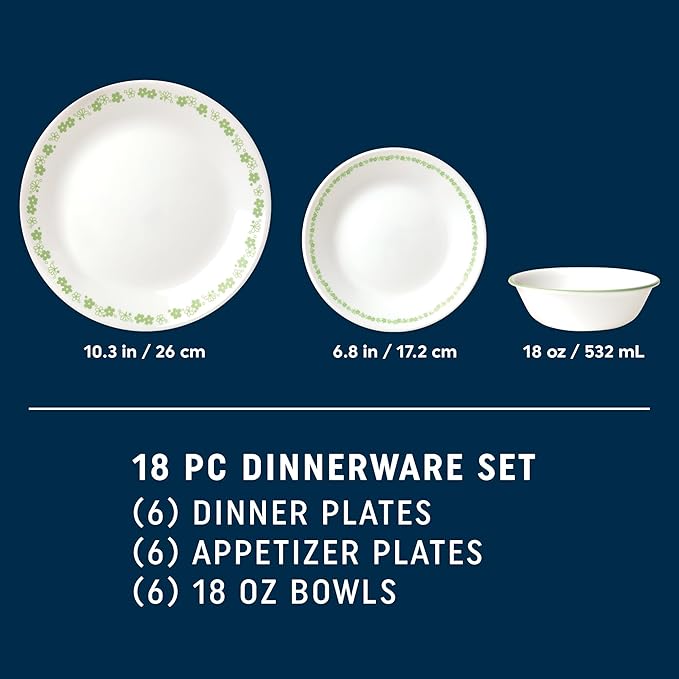 Corelle Vitrelle 18 Piece Glass Dinnerware Sets Service for 6, Triple Layer Chip & Crack Resistant Glass Plate and Bowl Sets, Spring Blossom Green