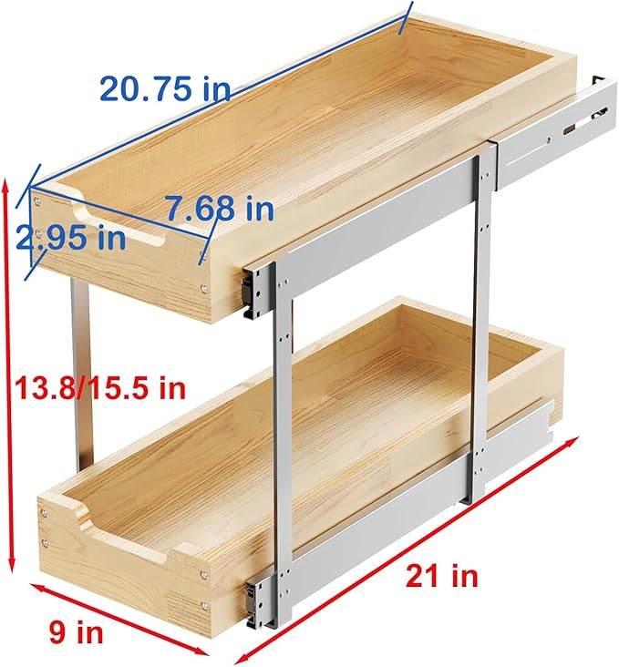Wood Pull Out Cabinet Organizer 2 Tie 9" W x 21" D, Heavy-Duty Sliding Drawers for Inside Cabinets Storage and Organization for Kitchen, Pantry, Bathroom