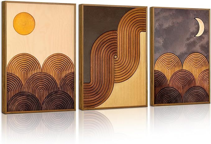 Tinonedraw Boho Mountain Framed Canvas Wall Art Set, Mid Century Modern Geometric Line Wall Decor, Bohemian Sun and Moon Art Paintings, Beige Brown Wooden Artwork for Living Room Bedroom Office 16"x24"x3