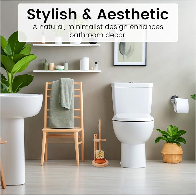 Toilet Bowl Cleaner Brush with Holder, 14 Inch Extra Long German Beechwood Handle, Strong Hemp Bristles, Ceramic Drip Tray, Biodegradable