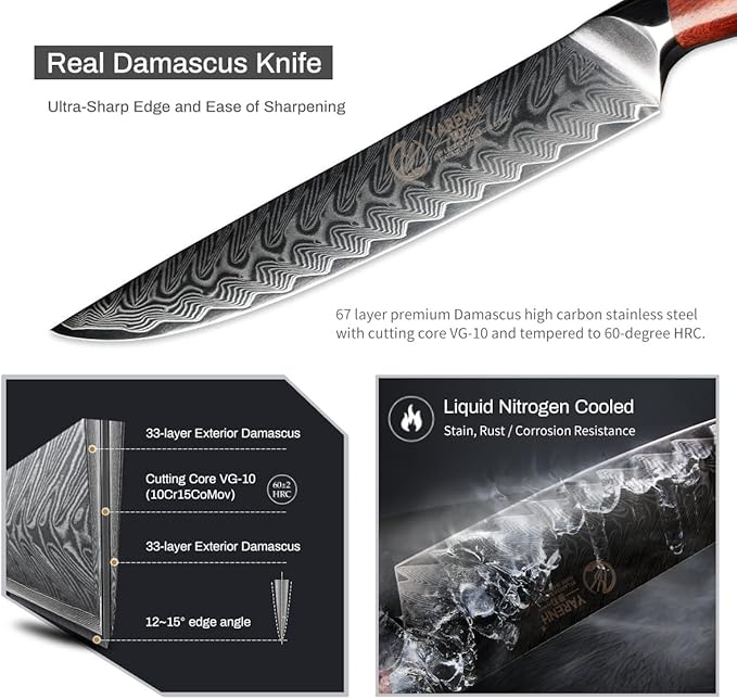 YARENH Slicing Knife 8 Inch - Damascus Chef Knife,67-Layer Steel,Ultra-Sharp Blade, Durable Edge, Rust-Resistant, Ergonomic Sandalwood Handle,Sharp Sashimi Knife