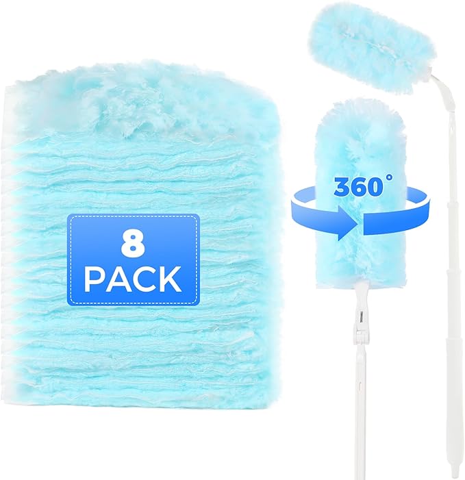 Disposable Duster Refills 8-Pack with Extendable Handle, 360° Electrostatic Dusting Tool, Adjustable Angle for Ceiling/Fan/Furniture Cleaning (Compatible with Multi-Brand Heads)