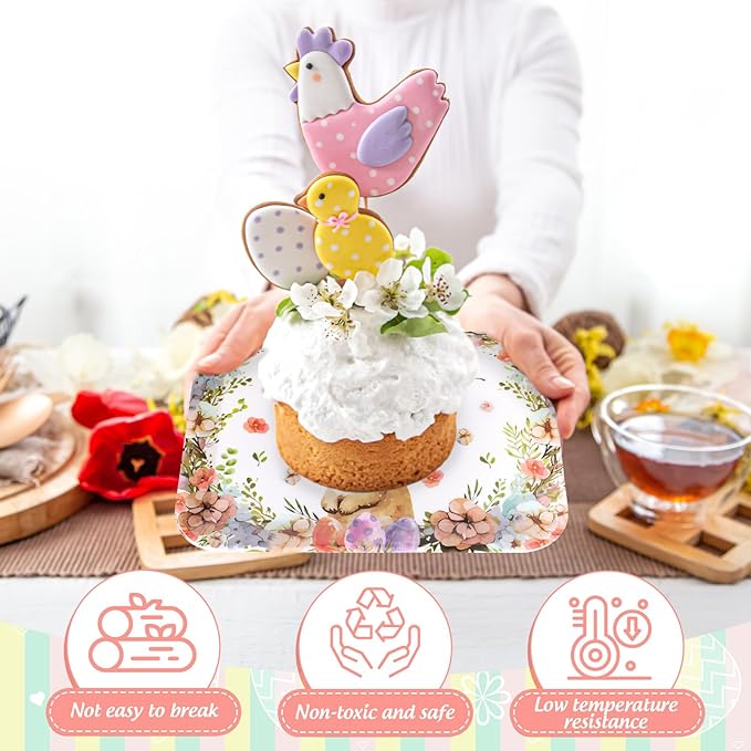 3Pcs Easter Serving Trays 13 x 10 Inch Watercolor Bunny Egg Flower Platter Vintage Spring Rabbit Serving Dishes for Serving Food Snacks Cookies Dessert Party Supplies