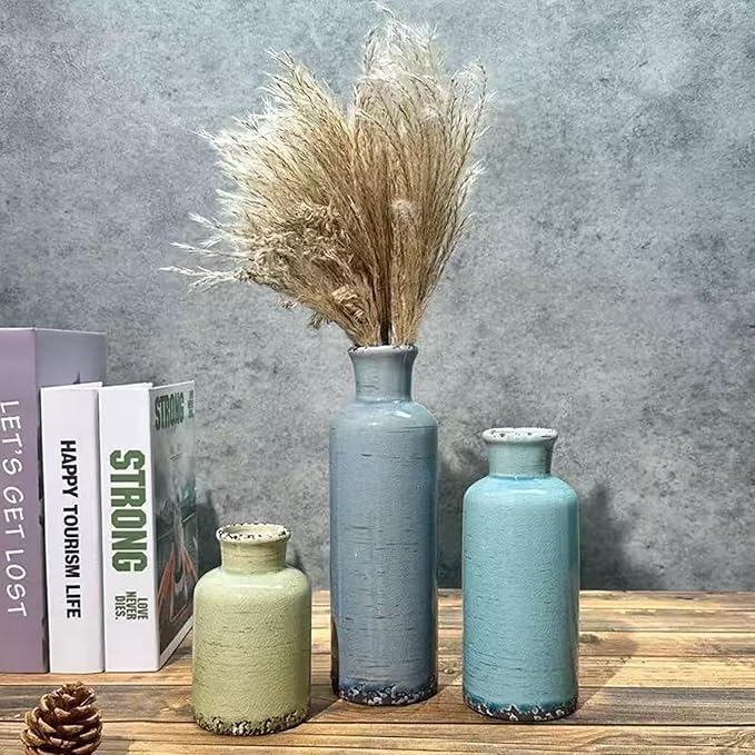 Small Ceramic Vase Set of 3,Small Flower Vase for Home Decor,Rustic Farmhouse Vases for Living Room,Table Shelf,Centerpieces,Fireplace and Entrance,Decorative Vases for Flowers Three Colors