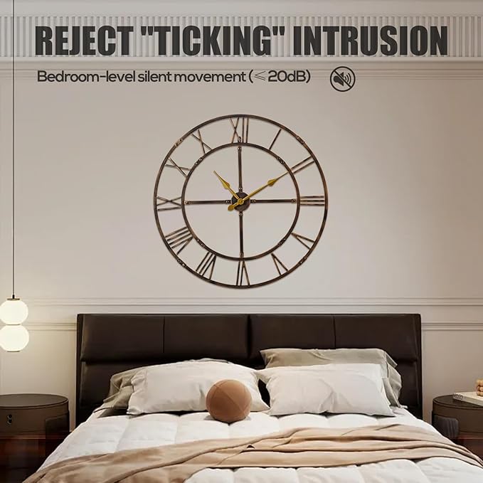 Large Wall Clock for Living Room Decor – 40 Inch Silent Non-Ticking Modern Farmhouse Wall Clock, Oversized Decorative Metal Roman Numeral Clock, Bronze