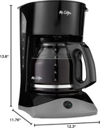 Mr. Coffee Black Coffee Maker, 12 Cups, with Auto Pause and Glass Carafe, Perfect for Home and Office Use