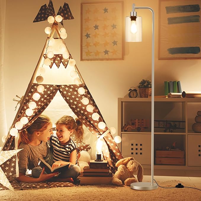 Floor Lamps for Living Room - Industrial Standing Lamp with Glass Shade, Modern Gold Floor Lamp with LED Bulb, Tall Lamp for Bedroom Office - Light Gold