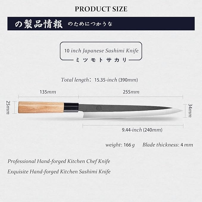 MITSUMOTO SAKARI 10 Inch Sashimi Knife, Single-Bevel Japanese Knife with Tungsten Alloy Steel, for Professional Sushi Cutting & Fish Filleting
