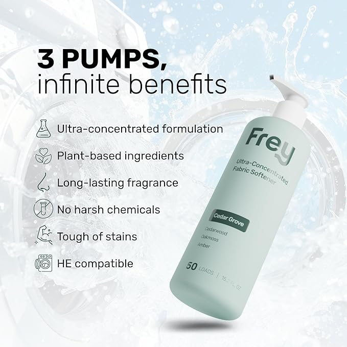 FREY Natural Liquid Fabric Softener & Conditioner | Laundry Softener for Clothing | Works In All Machines + HE | Powered by Natural Ingredients (2-pack, Cedar Grove)