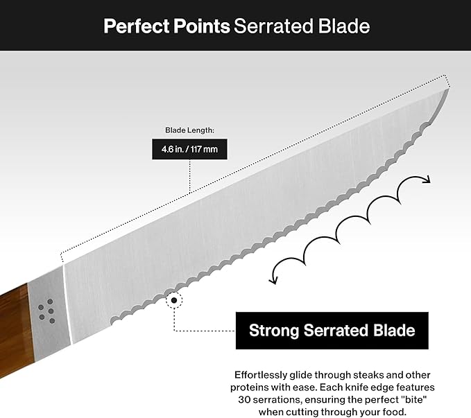 Misen Steak Knives Set of 4 - Precision Serrated Blades for Effortless Dining - German Stainless Steel - Superior Cuts with Four Steak Knives - Comfortable, Sleek Handles - Walnut