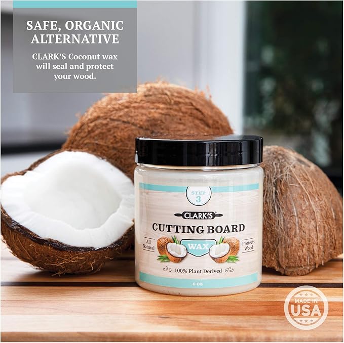 CLARK'S Coconut Cutting Board Finishing Kit - Refined Coconut Oil (12oz), Wax (6oz), Applicator and Buffing Pad - Butcher Block Oil and Wax