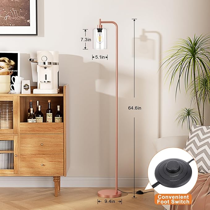 Floor Lamp with Clear Glass Shade - Industrial Standing Lamp with LED Bulb, Modern Tall Floor Lamps for Living Room Bedroom Office - Pink