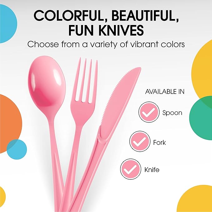 Party Solids Pink Plastic Knives 200 Pieces Pink Knives Disposable Utensils Heavy Duty Plastic Cutlery Set Disposable Cutlery Sets Flatware Sets Silverware Set Party Supplies & Party Tableware