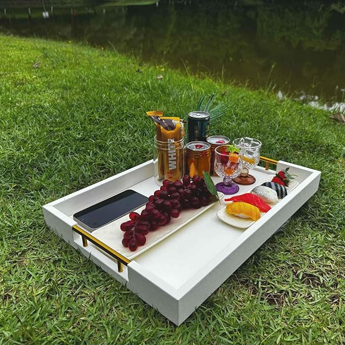 14x20 Inches White Faux Leather Wrapped Wood Serving Tray with Metal Handles for Various Occasions, Ottoman, Home Decor Decorative, Living Room, Coffee Table Organizer, Serving Breakfast On Bed