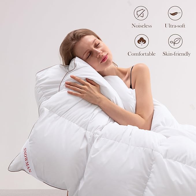 SNOWMAN Premium Down Comforter Queen Size, Luxurious All Season Duvet Insert with Cotton Blended Fabric, 37oz Fill Weight 3D Baffle Box Design Hotel Bedding Comforter (White,90"x90")