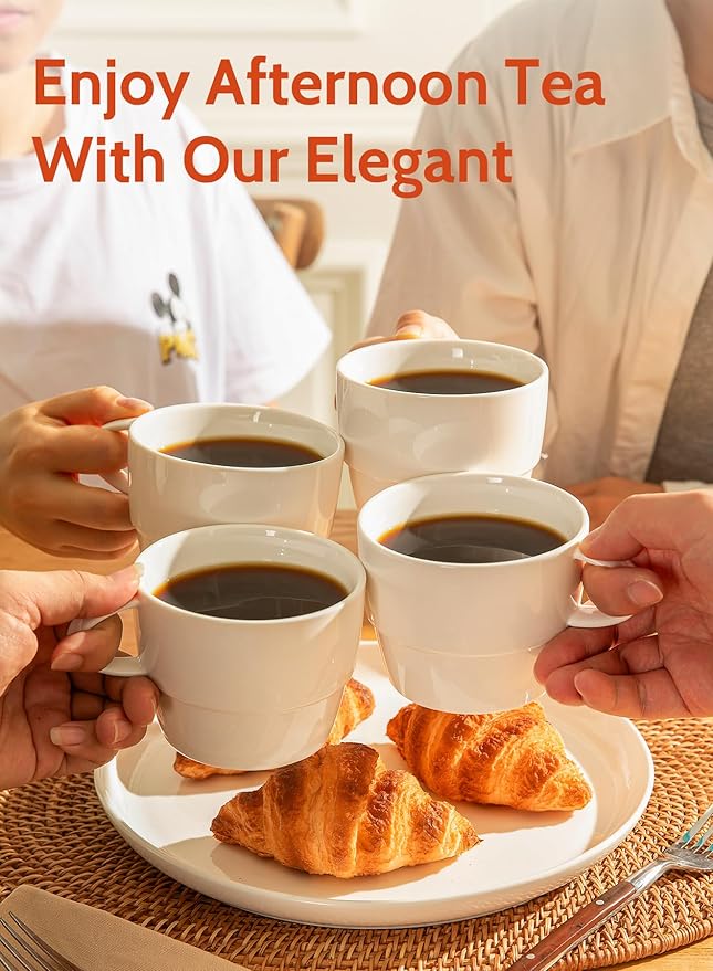 Sweese 6-Pack Porcelain Latte Cups - Stackable 10 Ounce Coffee Mugs for Cappuccino, Mocha, Tea - Space-Saving, Chip-Resistant - Dishwasher Friendly – Ideal for Home and Café, White