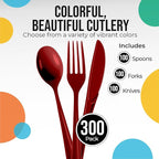 Party Solids Burgundy Plastic Silverware Heavy Duty 300 Pieces Burgundy Plastic Cutlery Sets, Utensil Sets, 100 Of Each Forks, Knives & Spoons Disposable Cutlery Set, Flatware Set For Party Supplies