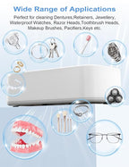 Jewelry Cleaner Machine Ultrasonic 48KHz Ultra Sonic Cleaner for Glasses, Rings, Earrings, Watch Strap, Dentures, Makeup Brush, 304 Stainless Steel 12oz Cleaning Pod with 2 Timer Modes (White1)
