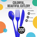 Party Solids Dark Blue Plastic Silverware Heavy Duty 300 Pcs Dark Blue Plastic Cutlery Sets, Utensil Sets, 100 Of Each Forks, Knives & Spoons Disposable Cutlery Set, Flatware Set For Party Supplies