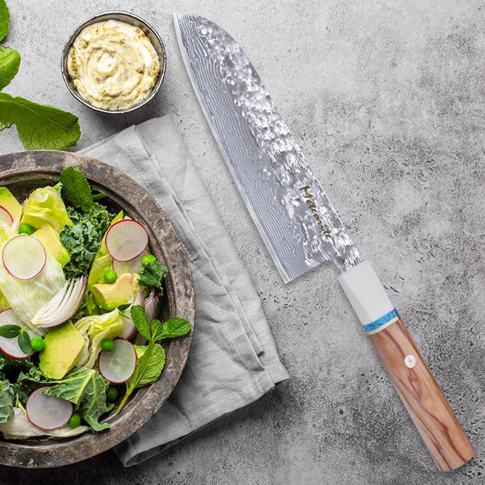 Santoku Knife 7in, Damascus Japanese Chef Knife, Professional Hand Forged Chef's Knives for Kitchen Cooking Meat Cleaver, Cutting Vegetables and Fruit, Razor-Sharp Chef's Knife with Gift Box, Silver