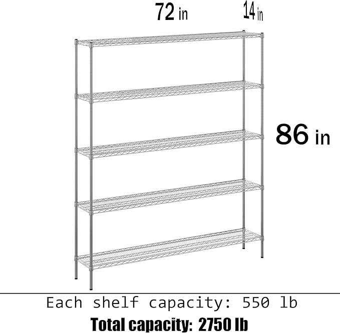 14" Deep x 72" Wide x 86" Height Wire Shelving Kit | 5-Tier | NSF Commercial Storage Rack Unit