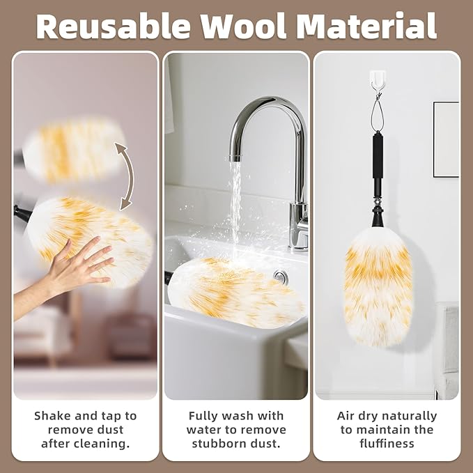 Extendable Lambswool Duster with 23-47 inch Bendable Aluminium Alloy Pole, Natural Fluffy Reusable Wool Duster for Cleaning High Ceilings, Pendant Lamps, Blinds, Furniture and Roof