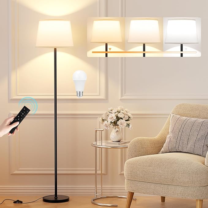 Modern Floor Lamp with Adjustable Brightness, Remote Control, Black, LED Bulbs, White Shade, Foot Switch, Easy Assembly