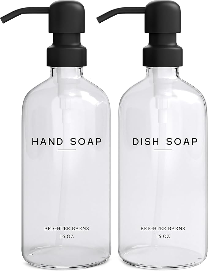 Clear Glass Hand and Dish Soap Dispenser Set by Brighter Barns - Kitchen Soap Dispenser Set & Pump - Glass Bottles for Kitchen Sink - Neutral Home Decor, Modern Farmhouse Bathroom Accessories (Clear)