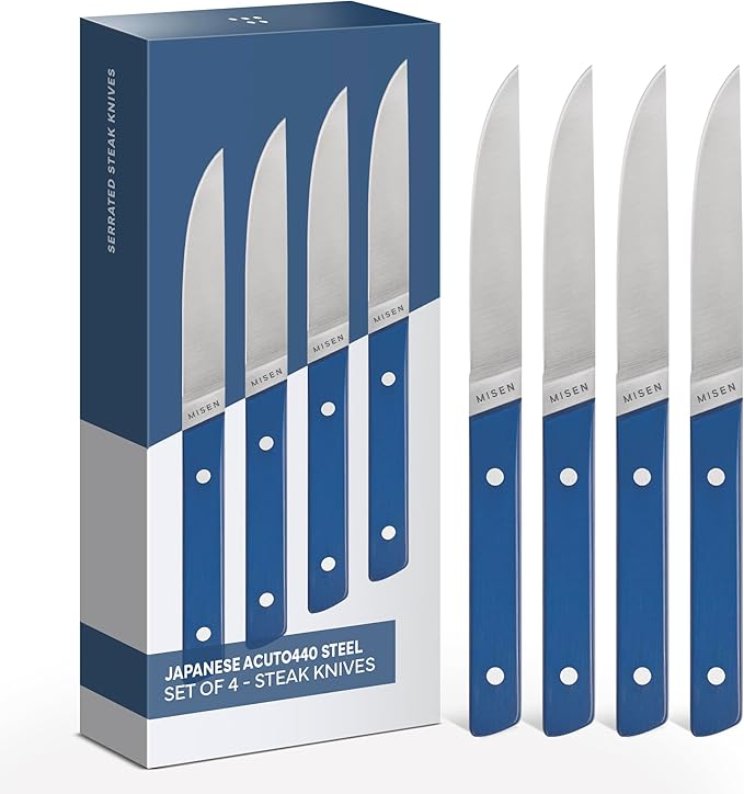 Misen ACUTO Straight-Edge 4-Piece Steak Knife Set - Precision Forged Full Tang Blades, Ergonomic POM Handles, Long-Lasting Sharpness, Easy to Maintain - For Professionals and Home Cooks - Blue