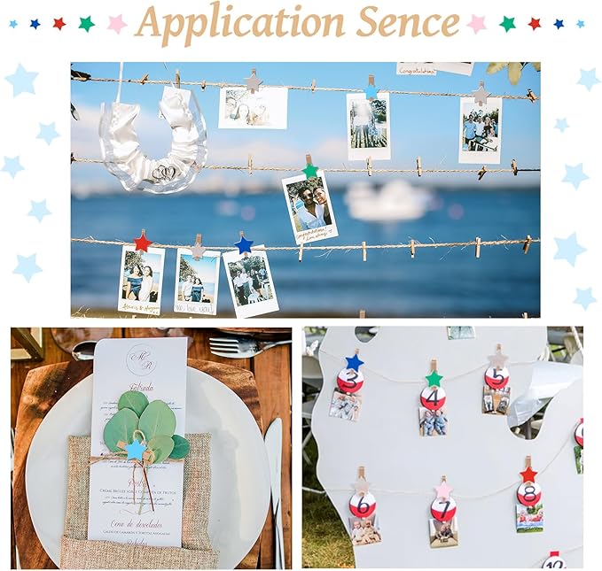 Pandahall 100Pcs Wooden Star Clothespins Photo Clips Photo Paper Pegs Clips White Mini Clothes Pins Holiday Card Holder Display with 10.9 Yards Jute Twine