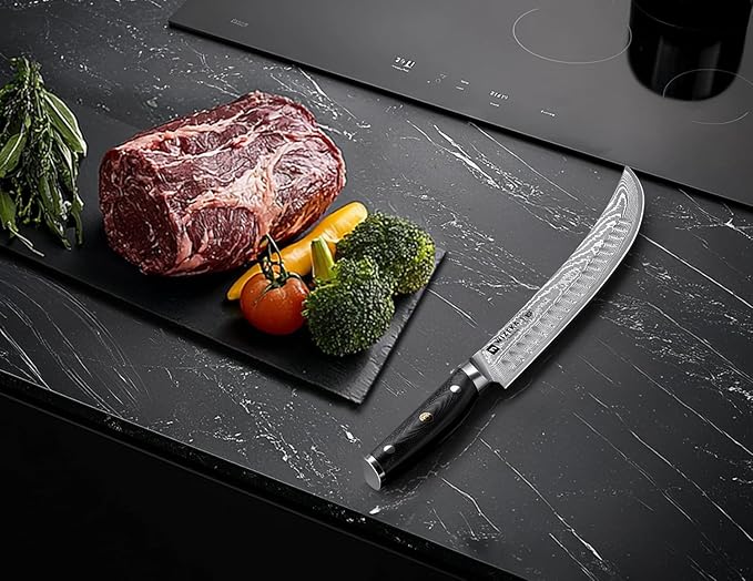 WIZEKA Carving Knife-10 Real Damascus Breaking Knife,Razor Sharp Butcher knife Curved Scimitar Brisket Knife for Meating Cutting with G10 Handle