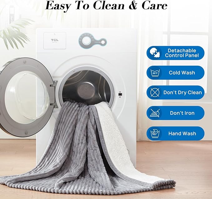 Westinghouse King Size Heated Blanket, Soft Flannel to Sherpa Reversible Electric Blanket King Size with 10 Heating Levels & 1-12 Hours Auto Shut Off, Machine Washable, (100" x 90", Light Grey)