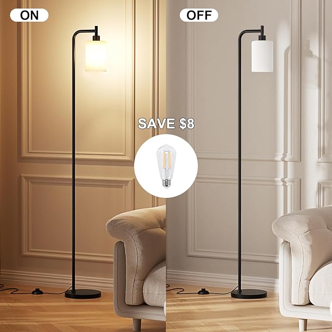 Floor Lamps for Living Room - Standing Lamp with Frosted White Glass Shade, Modern Industrial Floor Lamp with LED Bulbs, Black Tall Lamp for Bedroom Office(Light Bulb Included)