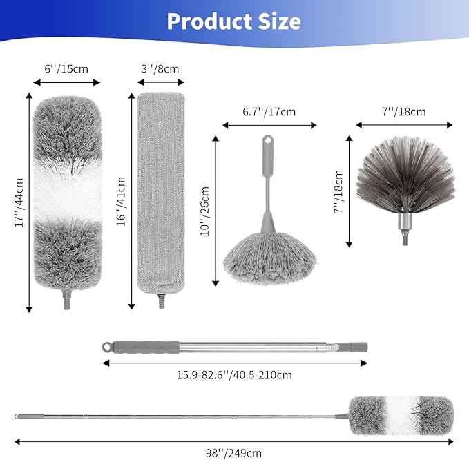 5PCS Dusters for Cleaning, Extendable Microfiber Duster with Extension Pole Up to 100'', Bendable Washable Cleaner Dusters for Cleaning Fan, High Ceiling, Blinds, Furniture, Car
