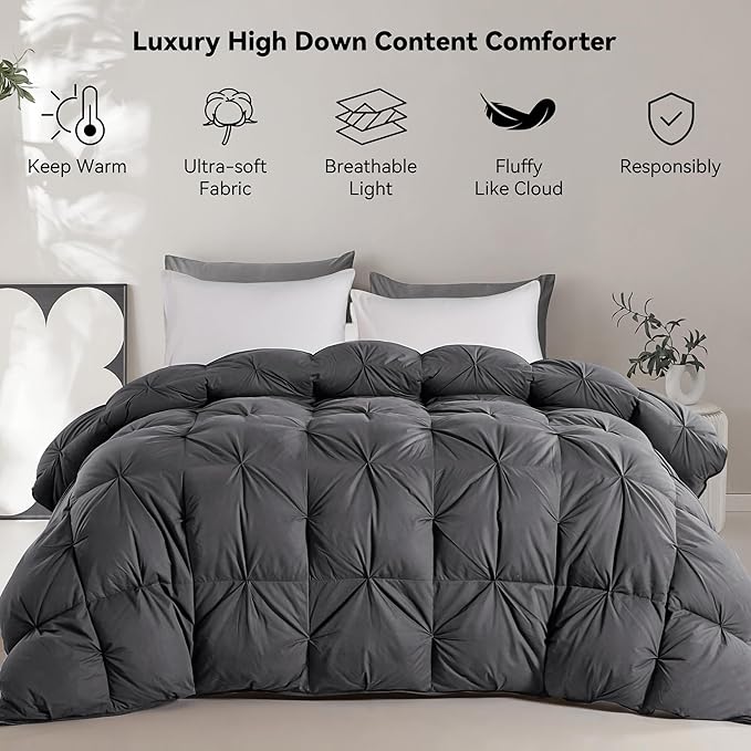 SNOWMAN Premium Down Comforter Queen Size, Luxurious All Season Duvet Insert with Cotton Blended Fabric, 37oz Fill Weight Pinch Pleat Design Hotel Bedding Comforter (Grey,90"x90")
