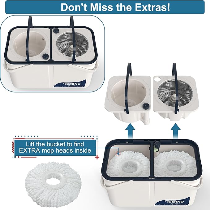 Spin Mop and Bucket System, Mop and Bucket Separate Clean and Dirty Water,4-Chamber Hardwood Floor Mop Household Cleaning Tools with 8 Microfiber Replacement Head Refill