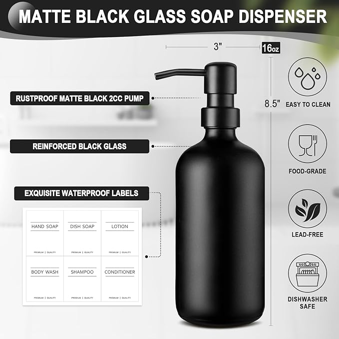 Dish Soap Dispenser for Kitchen, Black Hand Soap Dispenser with Stainless Steel Pump, Kitchen Soap Dispenser Set with Wood Riser Tray, Matte Black Bathroom Soap Dispenser Set Bathroom Decor