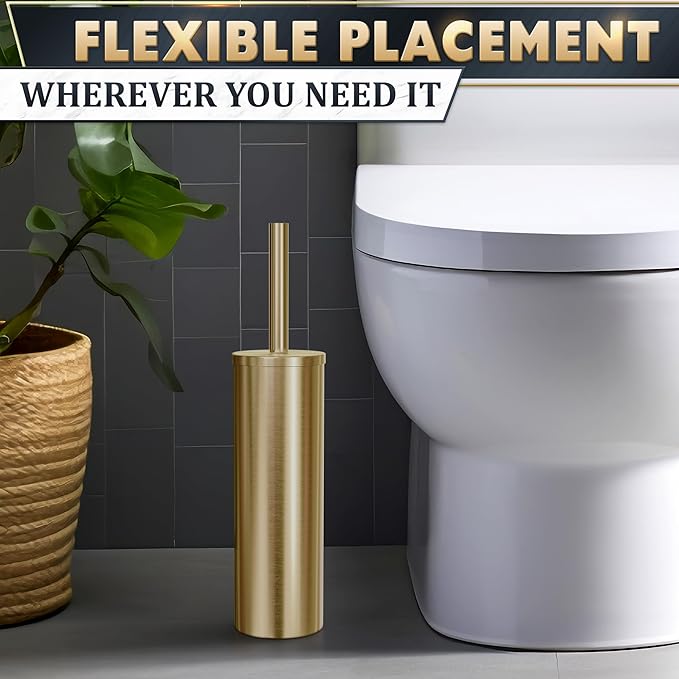 Gold Toilet Brush and Holder Set - Brushed Stainless Steel Gold Toilet Bowl Brush and Holder with Replacable Head, Removable Inner Bowl, and Splash Protection - Dense Bristles for Through Cleaning
