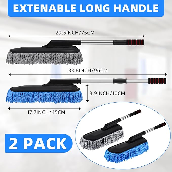 Tanlade 2 Pack Microfiber Car Duster Exterior Scratch Free with Extendable Handle Soft Car Duster Kit for Cleaning Dust Brush Set for Exterior Interior Cleaning Tools (Blue Gray)
