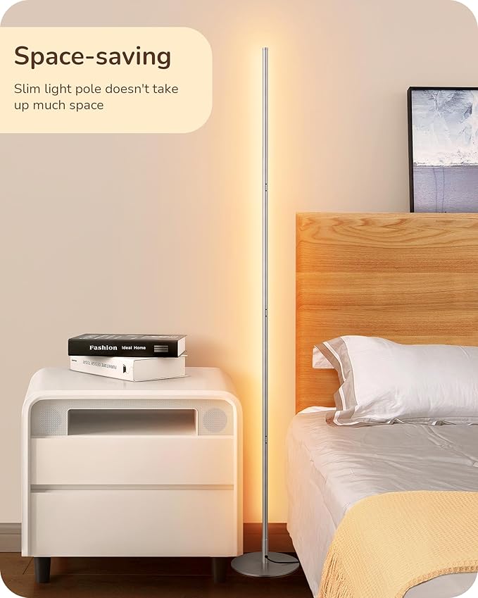 EDISHINE LED Corner Floor Lamp, Minimalist Dimmable Mood Light, Adjustable Height, 57.5" Tall Floor Lamp for Bedroom, Living Room, Home Office, 3000K Warm White Light, Silver