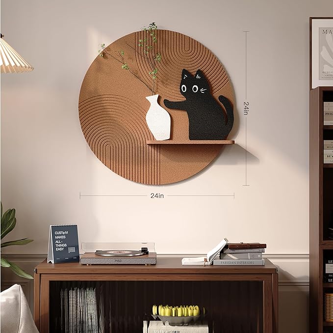 3D Textured Funny Abstract Wall Art, Black Cat and White Brown Wall Decor, Round Minimalist Artwork with Artificial Greenery, Suitable for Living Room Hallway Dining Room Bedroom Office, 24x24 In