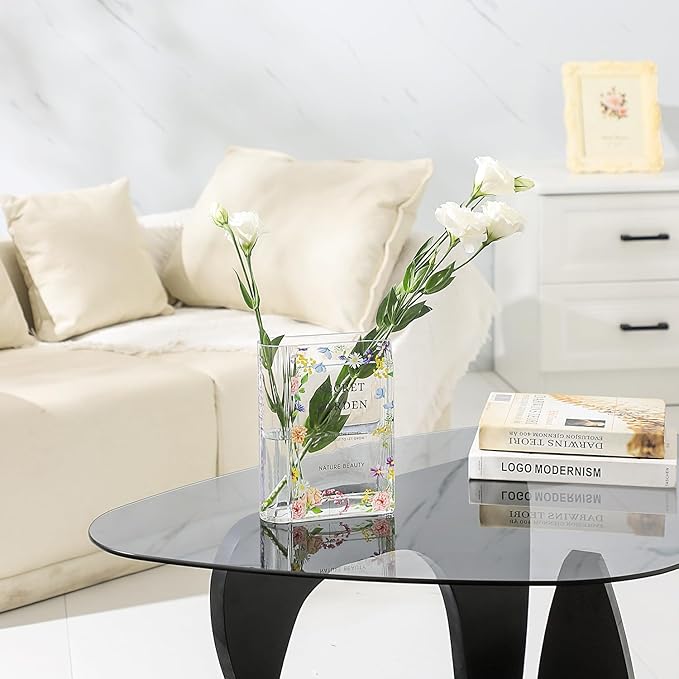 Glass Book Vase, Clear Book Vase for Flowers, Large Glass Vases, Modern Book Shaped Vases for Bedroom, Living Room, Office, Coffee Table, Bookshelf(Garden)
