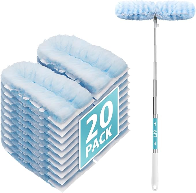 6 ft Extendable Duster Handle with 20 Pcs, Compatible with Swiffer, Disposable Microfiber Dusting Pads for Home Cleaning, Ceiling, Fan, Window, Hard-to-Reach Areas