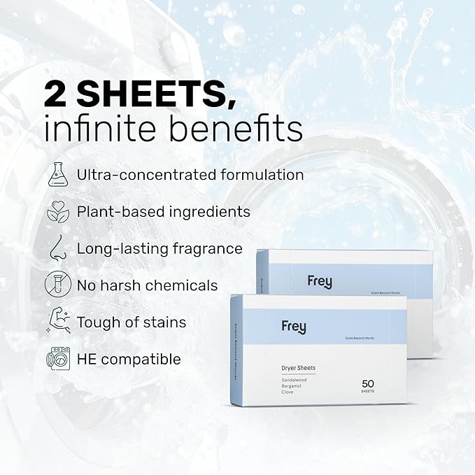 FREY Naturally Scented Dryer Sheets - Fabric Softener for Soft, Fresh & Clean Clothes (2-pack, Bergamot Beach)