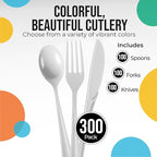 Party Solids White Plastic Silverware Heavy Duty 300 Pieces White Plastic Cutlery Sets, Utensil Sets, 100 Of Each Forks, Knives & Spoons Disposable Cutlery Set, Flatware Set For Party Supplies