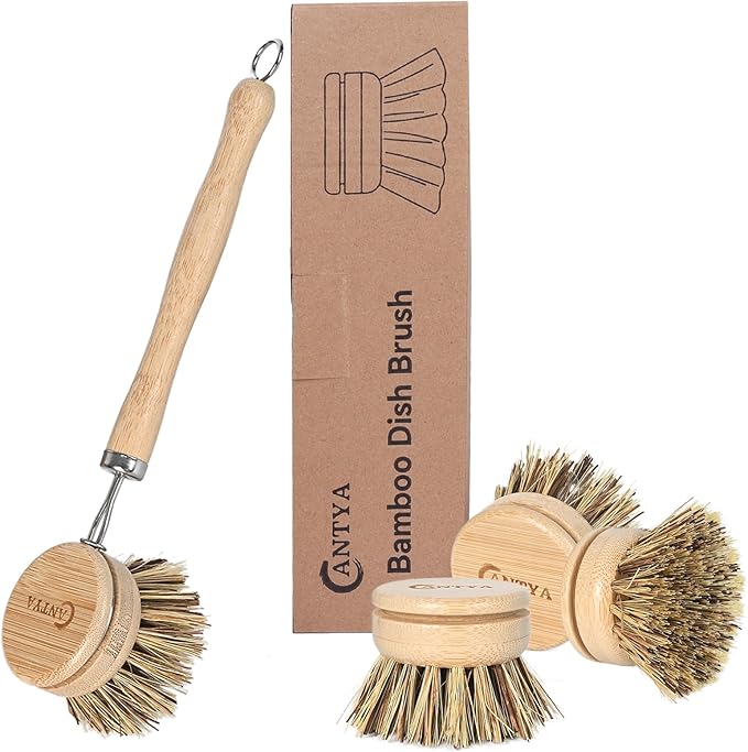 Bamboo Dish Scrubber - Hard Bristles, Natural Dish Brush with Handle, Compostable & Sustainable, Kitchen Scrub Brush for Cleaning Pot Bowl and Sink