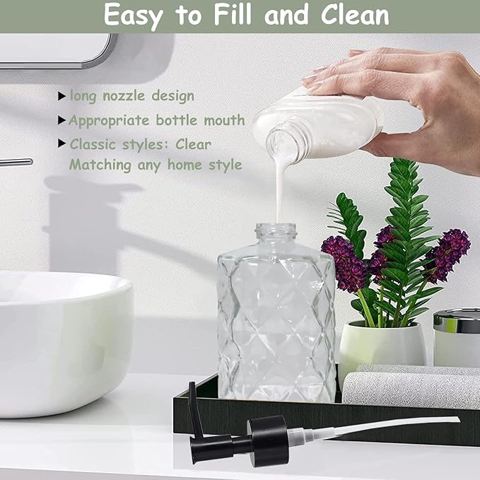 Crystal Clear Glass Soap Dispenser with Black Pump, 2 Pack 12oz Diamond Hand Dispenser, Refillable Lotion Dispenser & Dish Soap Dispenser, Bathroom Soap Dispenser for Liquid, Shower Gel
